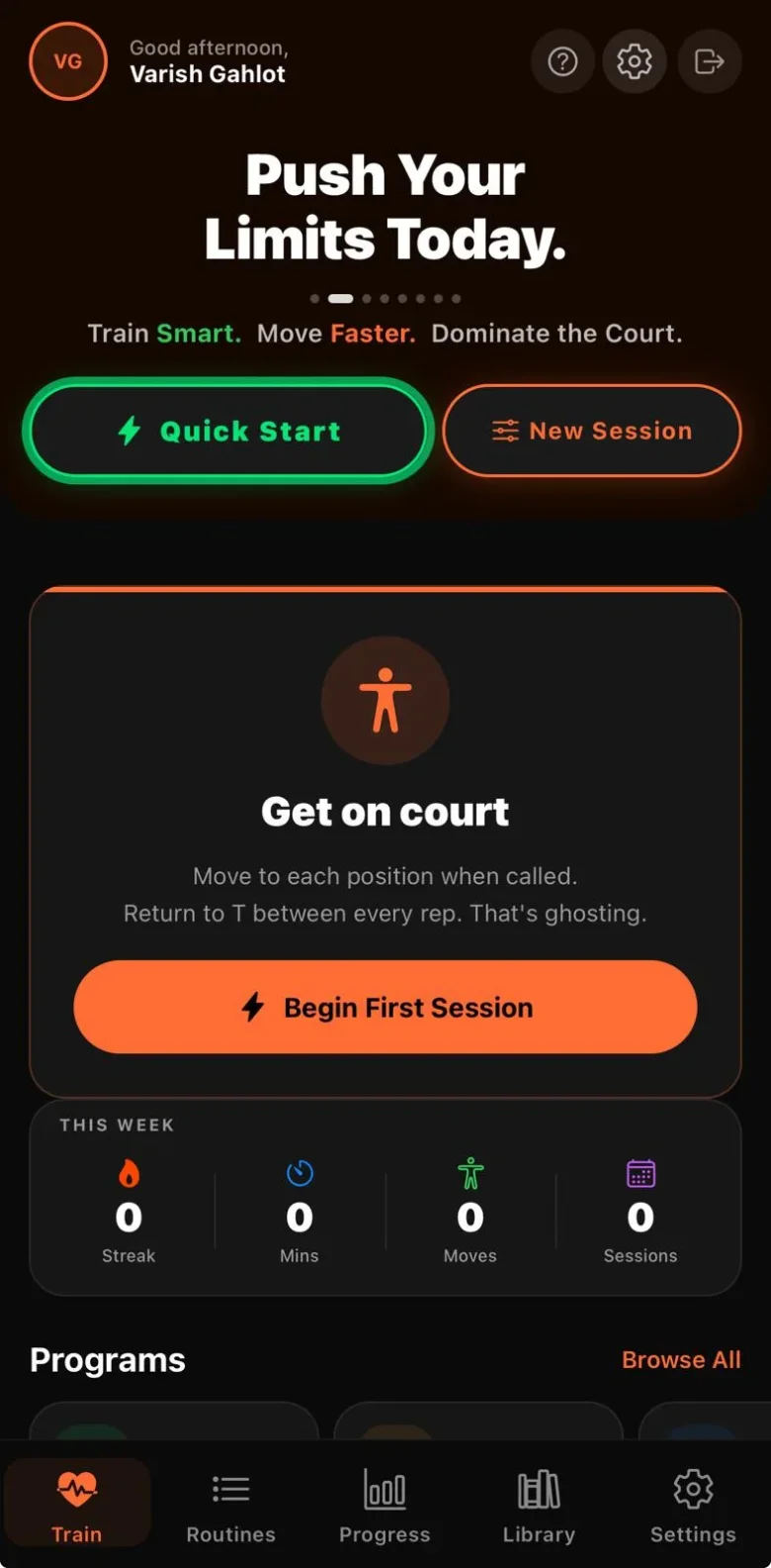 Squash GhostingX app: Dashboard