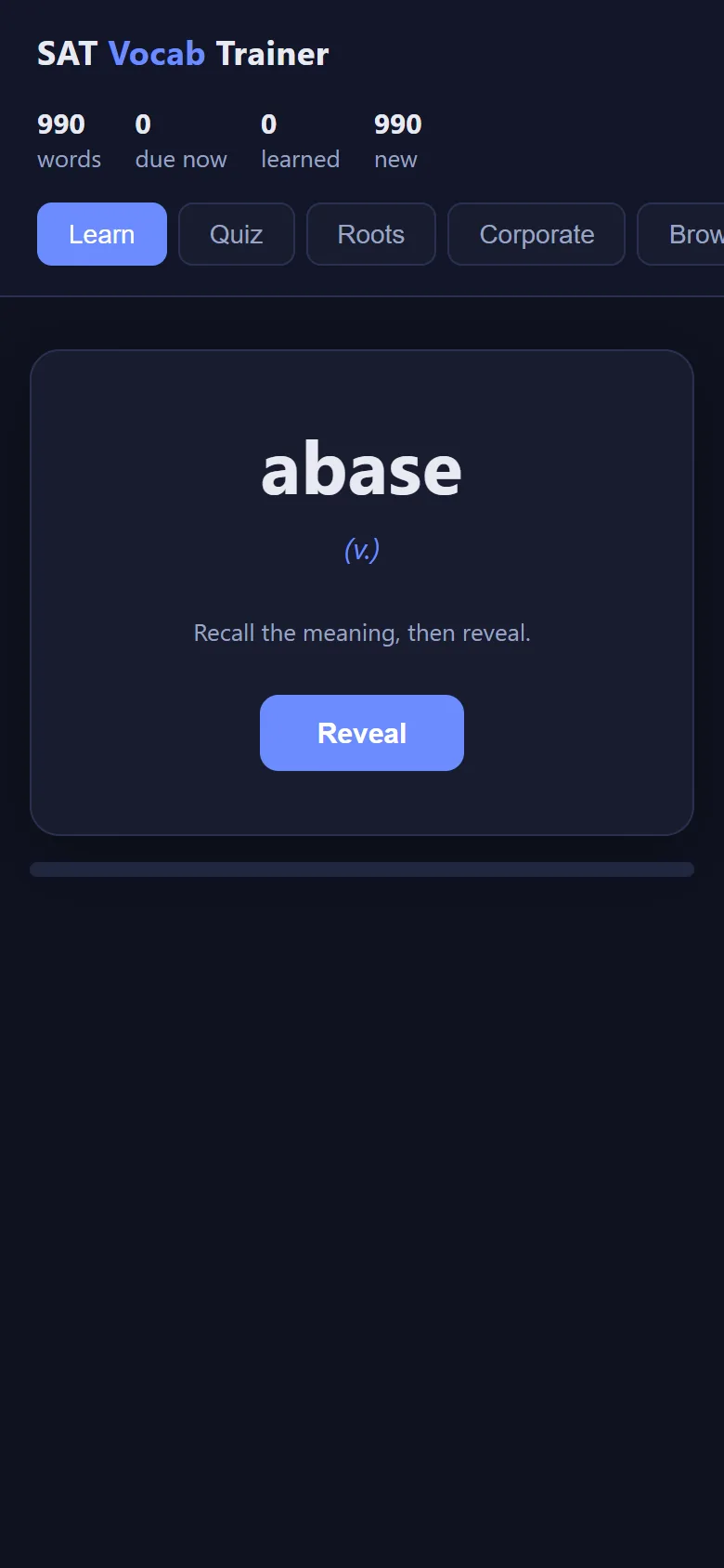 SAT Vocab Trainer on a phone