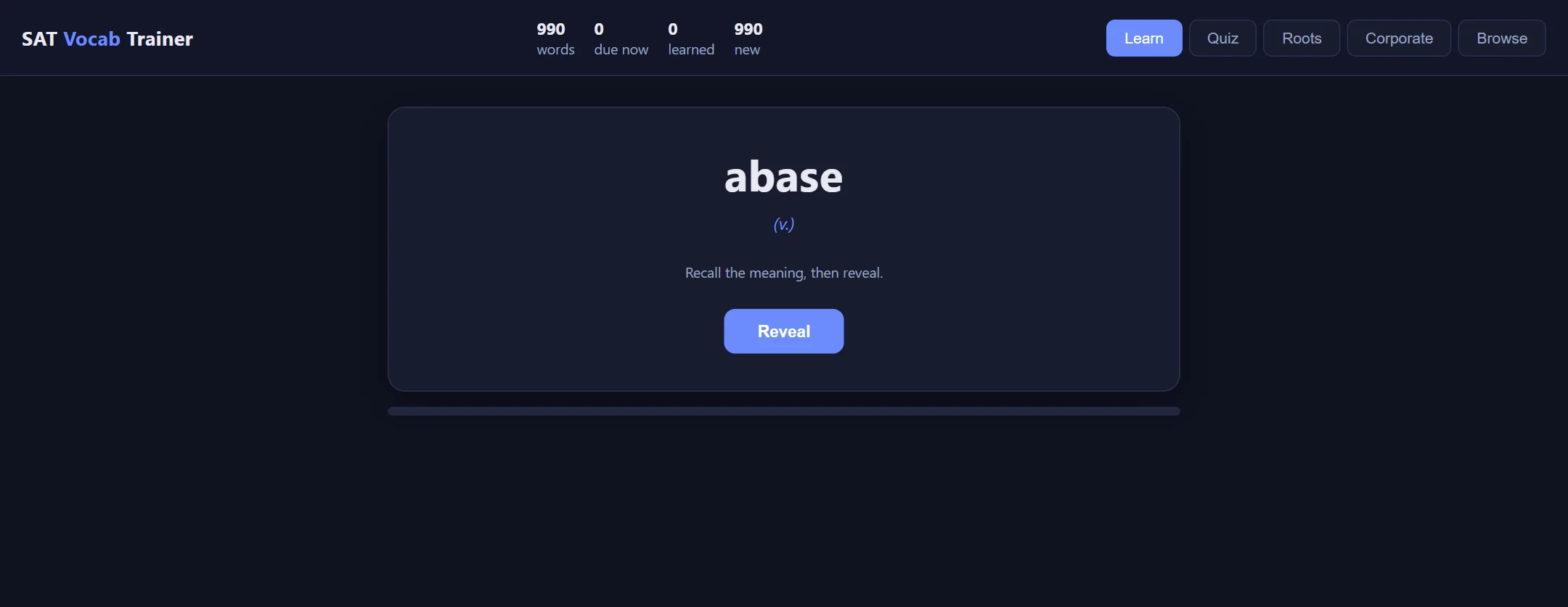 SAT Vocab Trainer, live site